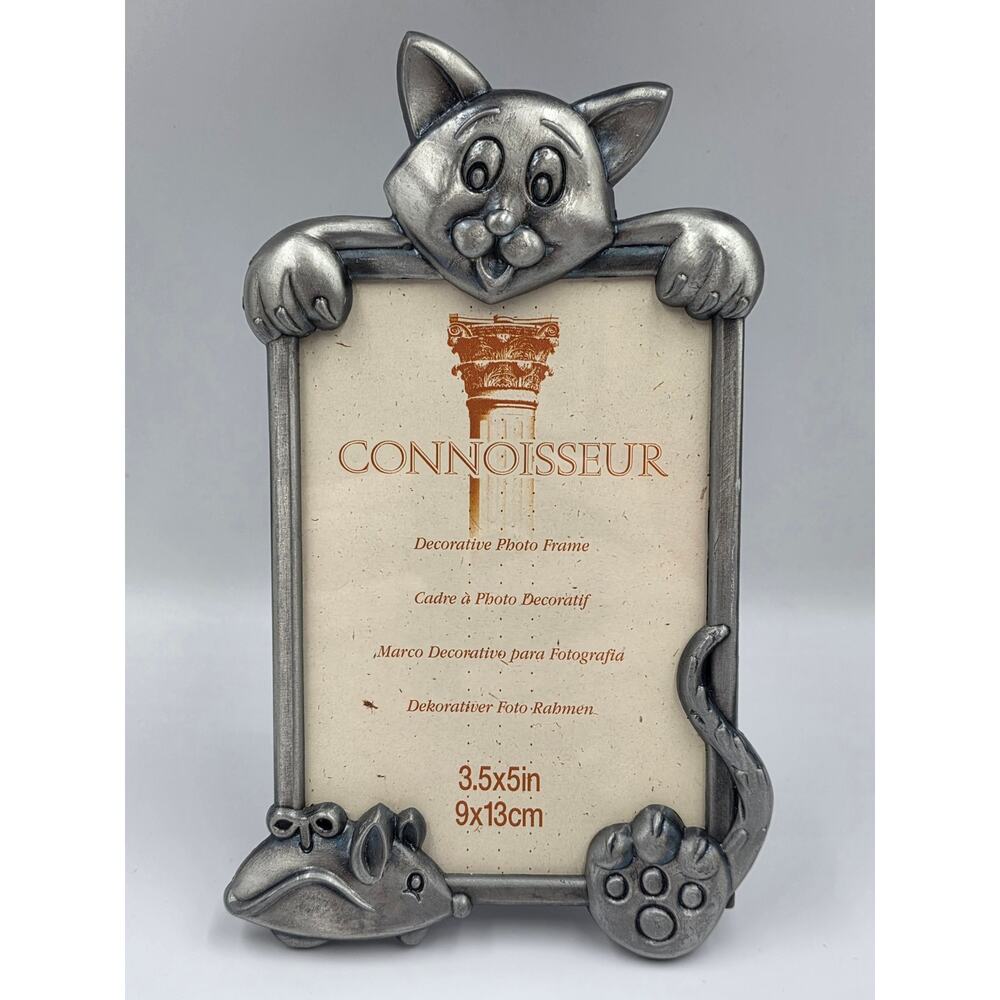 Vintage Pewter Cat Kitty Mouse Empty Frame Whimsy 3D Feline Lover Decor